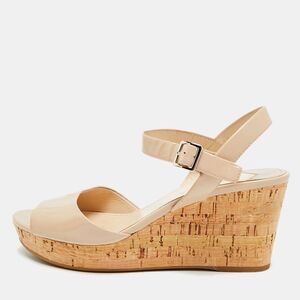 Prada Size 39 Beige Patent Leather Cork Wedge Sandals